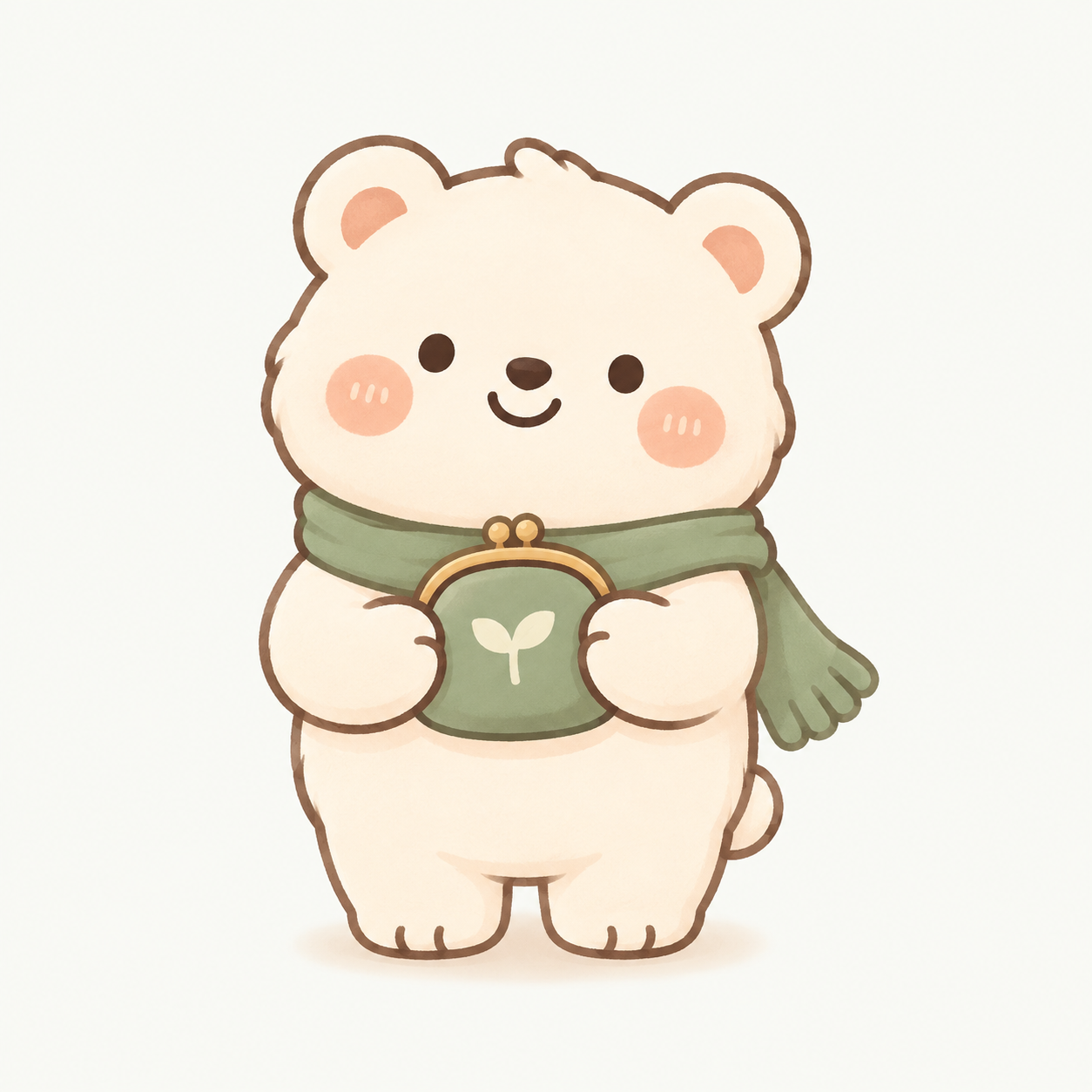 น้องหมีอุ่นใจสวมผ้าพันคอสีเขียว ถือกระเป๋าใบเล็ก